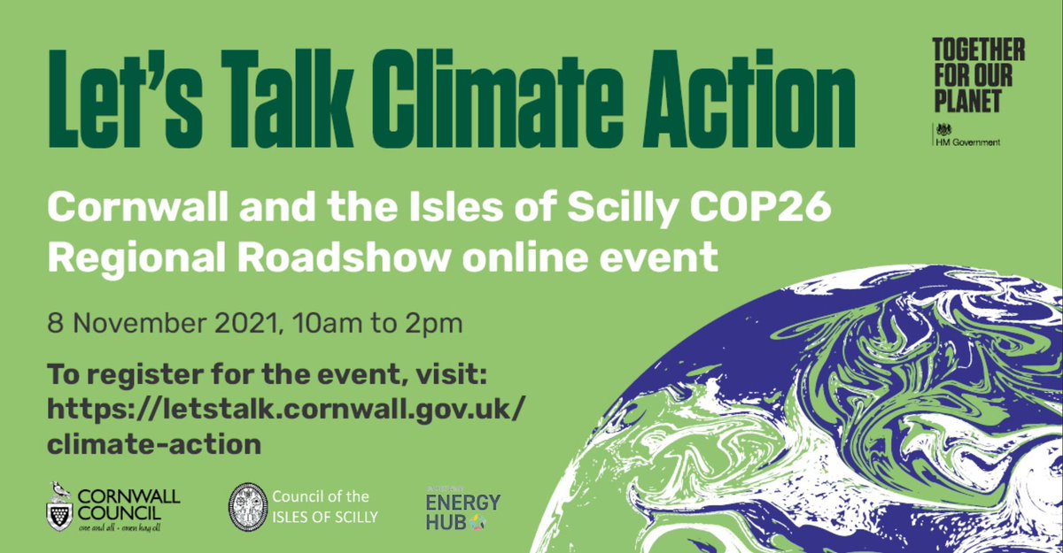 🌍 We're inviting residents, businesses and community groups to take part in the Cornwall and Isles of Scilly COP26 Regional Roadshow on November 8 to discuss ways to cut carbon emissions and help tackle the climate crisis. Find out more ➡️ bit.ly/3vvvKkQ