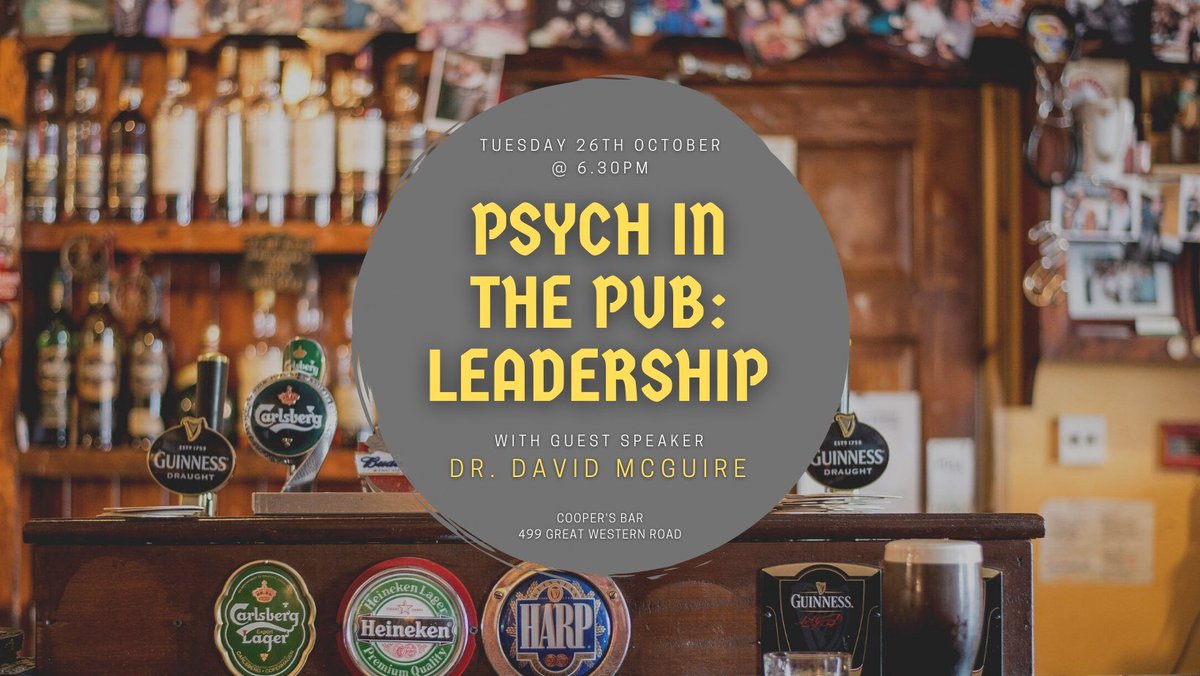 GUPsychSoc's tweet photo. It's back!
Our famous Psych in the Pub event series returns for
another year! Join us at Cooper's Bar next Tuesday (October 28th) at 6.30pm for some drinks and chats about leadership, with input from Dr. David McGuire; Reader in Human Resource Development at GCU.
@UofGPsychNeuro https://t.co/KBifaYJrs9