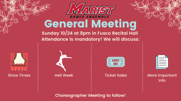 MaristDance's tweet photo. ✧ MANDATORY GENERAL MEETING ✧
Sunday 10/24 at 8PM in Fusco Recital Hall
Dancers in our Fall 2021 Showcase must attend for information on our rehearsals, show, tickets, and more!
A meeting for our show choreographers will follow.
✰ See you there! ✰ https://t.co/R48GRUh88t
