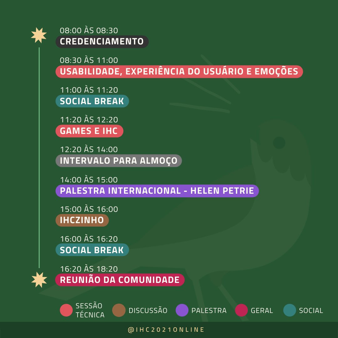 Já começou o quarto dia de IHC 2021.

Vem ver o que o sabiá preparou pra hoje!
ihc.sbc.org.br/programa/