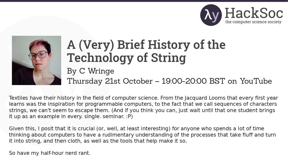 HackSoc's tweet photo. Join us at 7pm BST for the first virtual talk of the year: A (Very) Brief History of the Technology of String by @uint8_lotte!

The video will premiere at: https://t.co/k2thfUY3ns https://t.co/PsMzd1RdEd