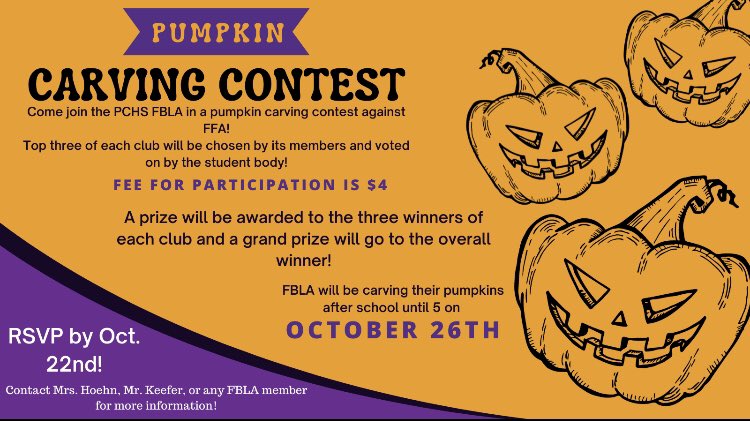 fbla_pc's tweet photo. PCHS FBLA will be hosting a pumpkin carving contest on October 26th! The cost is only $4. Please RSVP by tomorrow, October 22. https://t.co/kWQW8XFW6s