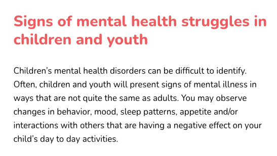 Signs of mental health struggles in children and youth. Source: <a href="/kidsmentalhlth/">CMHO</a>  #MentalHealthMatters