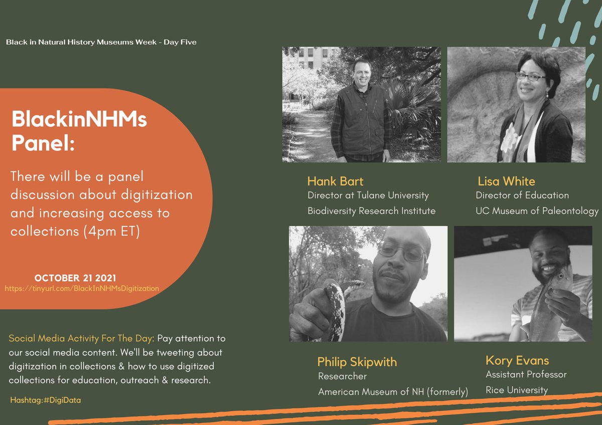 BlackInNHMs's tweet photo. Day 5 is here! We will have a panel discussion about digitization and increasing access to collections at 4pm ET. Join us: https://t.co/JUazOE6wHd 

#BlackinNHMs #DigiData https://t.co/G6vCKsFzjt
