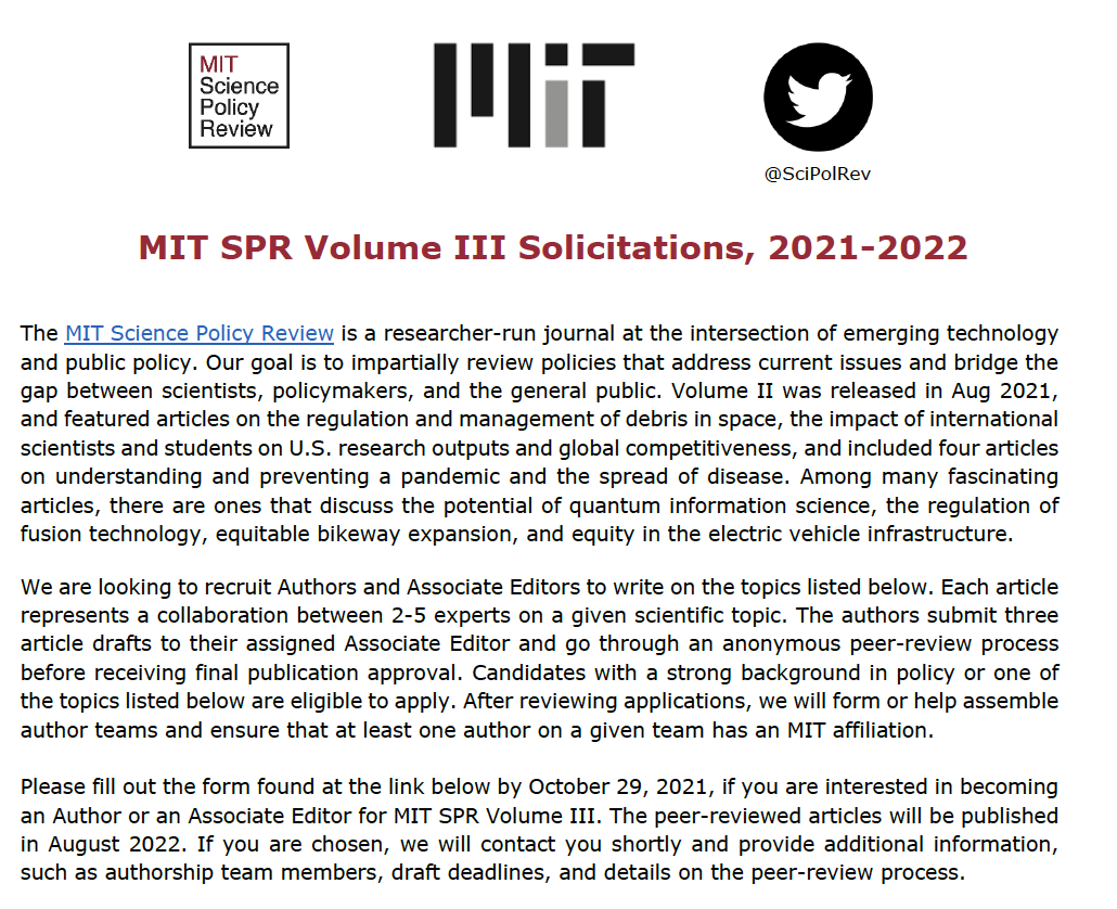 MIT Science Policy Review (@scipolrev) on Twitter photo Calls for authors, interviewers, and editors for Volume III of <a href="/SciPolRev/">MIT Science Policy Review</a>! Applications are due Oct 29 (5PM EST)!
Application form: docs.google.com/forms/d/e/1FAI… Calls for authors, interviewers, and editors for Volume III of <a href="/SciPolRev/">MIT Science Policy Review</a>! Applications are due Oct 29 (5PM EST)!
Application form: docs.google.com/forms/d/e/1FAI…