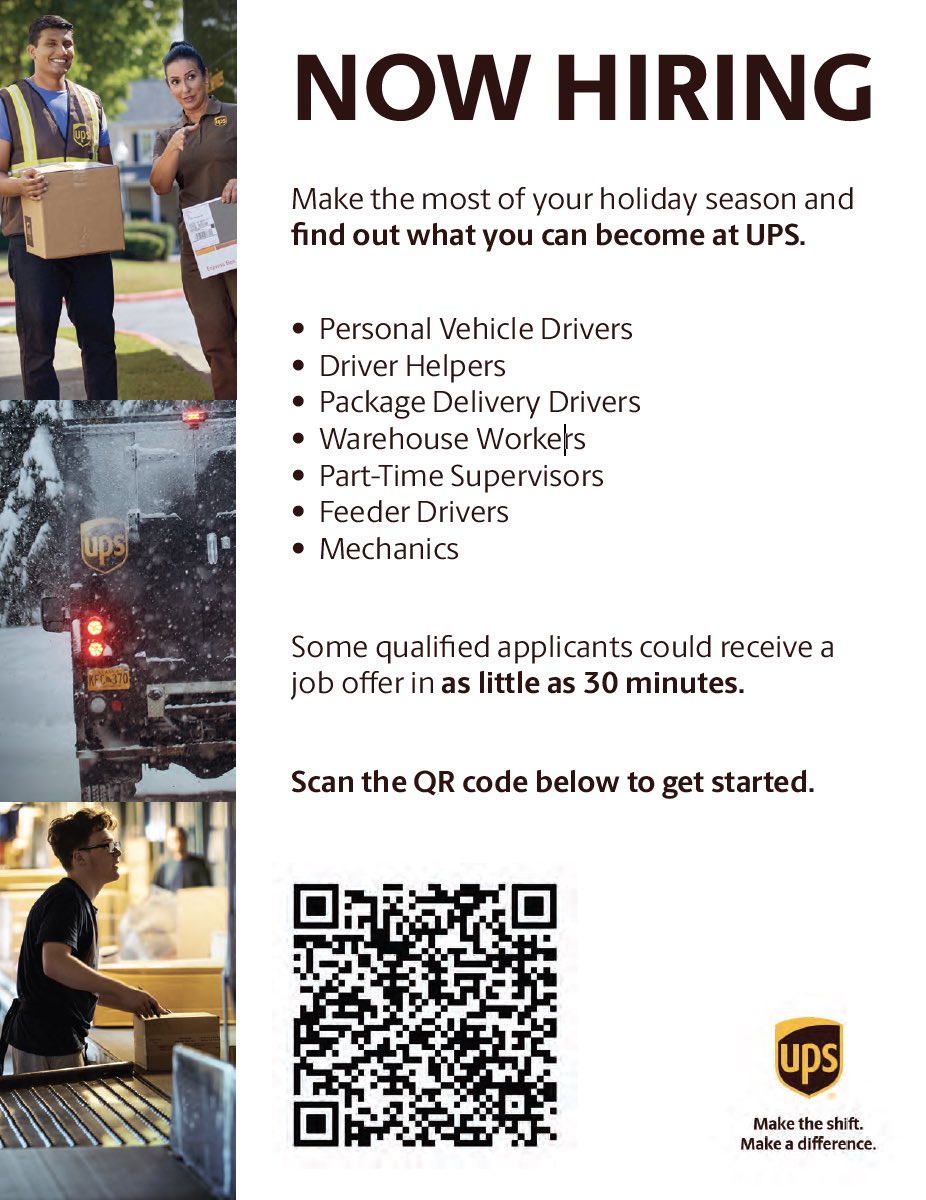 RepLoudermilk's tweet photo. UPS is looking to hire 2,340 people in the Atlanta area for full-time and part-time positions. They need package handlers, drivers, driver helpers and personal vehicle drivers. Scan the QR code below and apply today. https://t.co/GIAJ5s7CNj