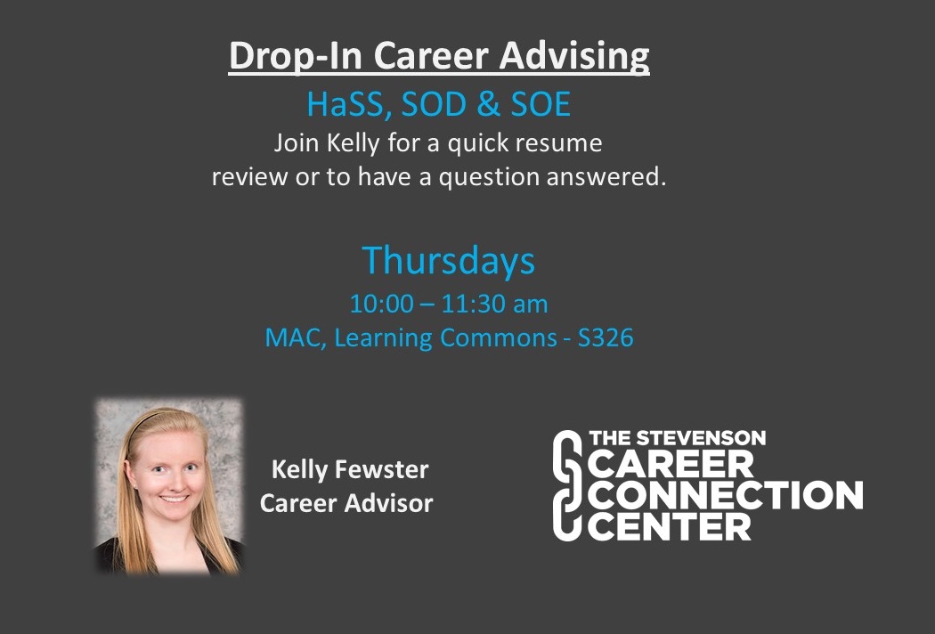 Attention HaSS, SOD &amp; SOE students! Kelly is setting up over in the MAC right now for Drop-In Advising! Stop by and see her before or after class until 11:30. 
stevenson.joinhandshake.com/events/830984

#CareerConnection #purSUyourcareer