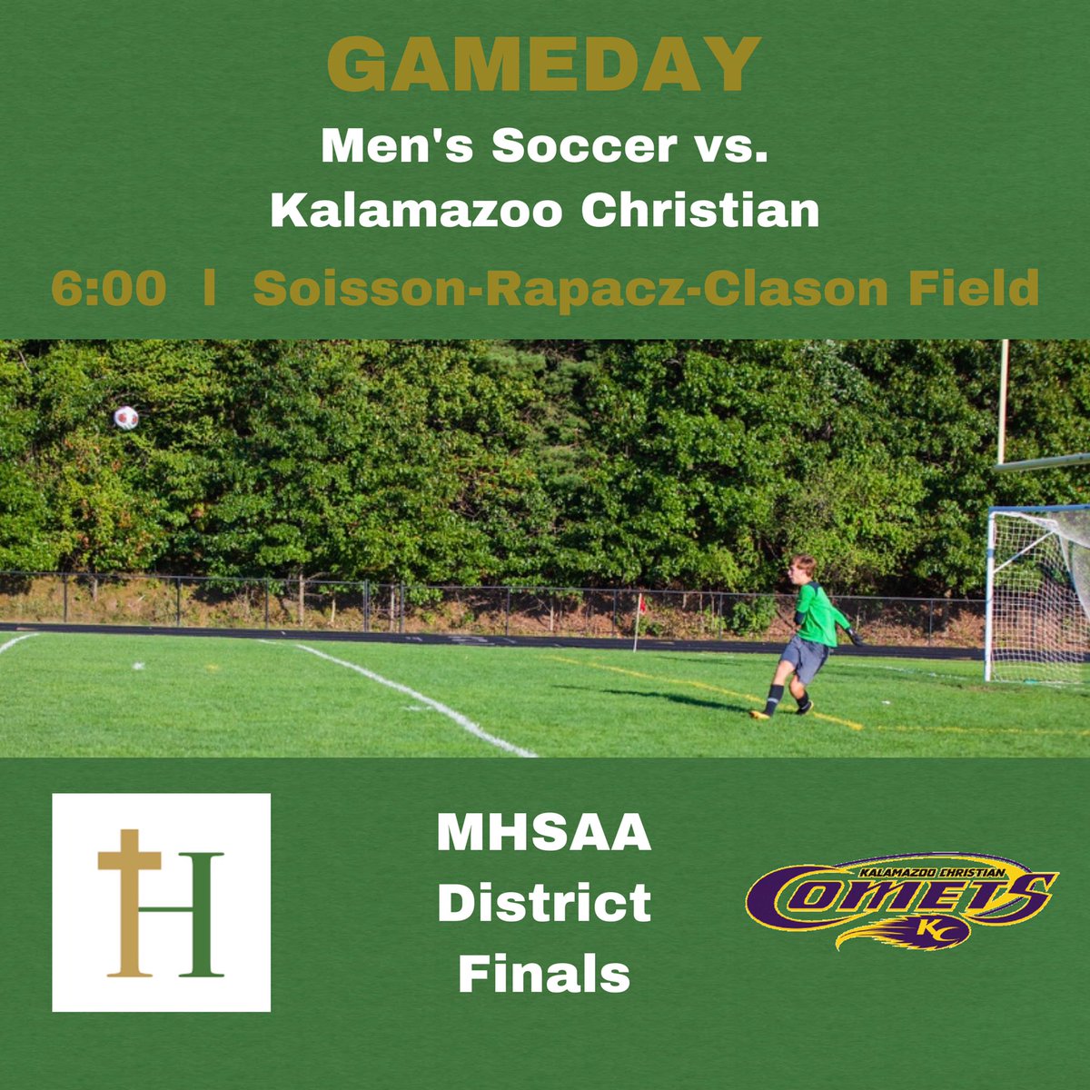 HCPIrishSports's tweet photo. @HCPMensSoccer competes in the MHSAA District Final tonight. The game begins at 6:00 against Kalamazoo Christian. Itβs a green-out! #BeatTheComets https://t.co/yYkXYtAVuJ