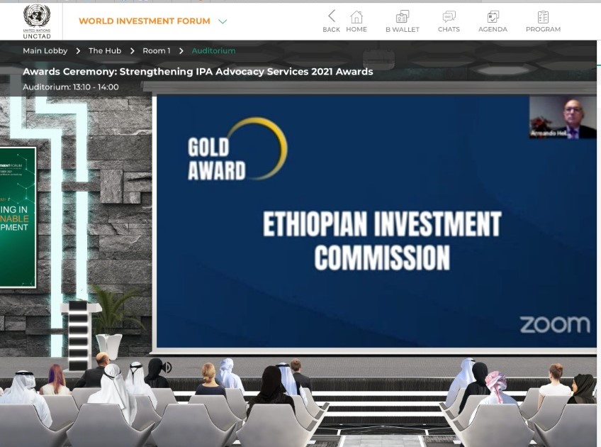 The Ethiopian Investment Commission (EIC) is just declared winner of the prestigious ‘Strengthening IPA Advocacy Services’ Gold award 2021.The award is given to the EIC at the ongoing World Investment Conf. being held alongside the UNCTAD World Inv. Forum in Geneva, Switzerland.
