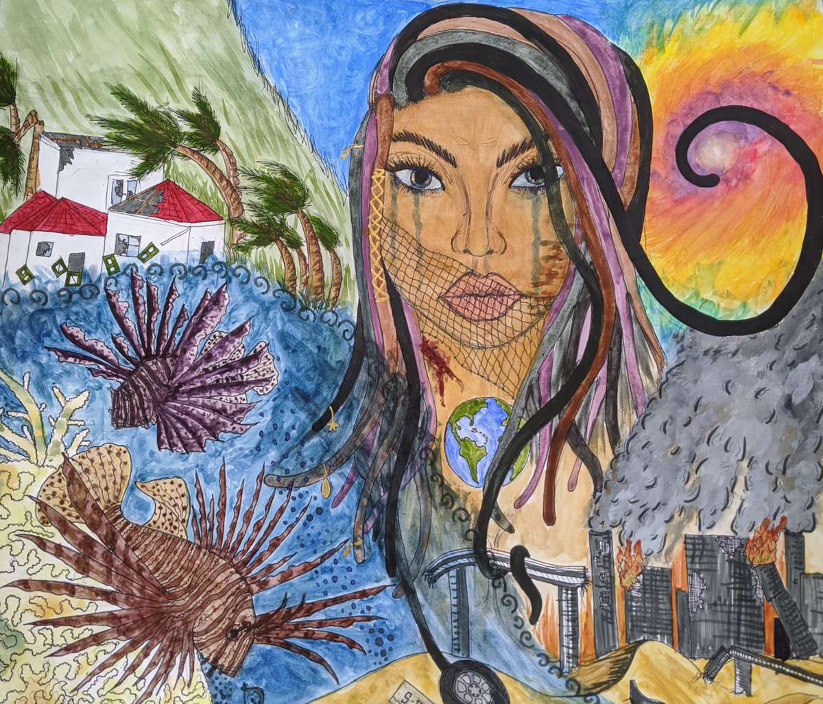 islandersathelm's tweet photo. This work evokes the crucial need to address #climatechange. Note the coral bleaching, #lionfish invasions and the destruction of the red #Saba roofs. At the center is the human, entangled with destruction as both the cause and the affected one. Art by Tyler Johnson #ABCSSS https://t.co/jp9Yg0hmJx