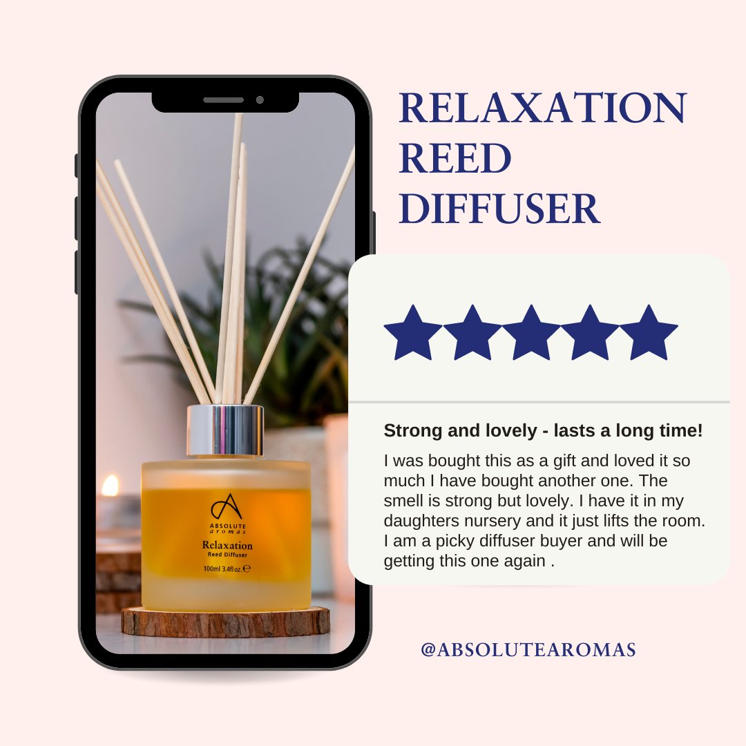AbsoluteAromas's tweet photo. Our beautiful Relaxation Reed Diffuser is a wonderful luxury addition to any home, specially formulated to help you relax and unwind naturally, with beautiful essential oils including Lavender and Tangerine ✨ #essentialoils #relaxation #Reeddiffuser #AbsoluteAromas https://t.co/BckIkUE1yN