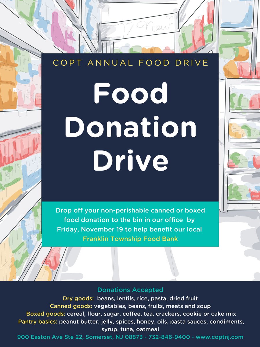 COPTNJ's tweet photo. It is finally time for COPT's Annual Food Drive! Get involved &amp; help us donate to the Franklin Food Bank! We will be collecting non-perishable items in our office now through November 19th! You can also click the link to donate online! https://t.co/e46LUato1s

#somerset #Franklin https://t.co/cnFWg7pW1x
