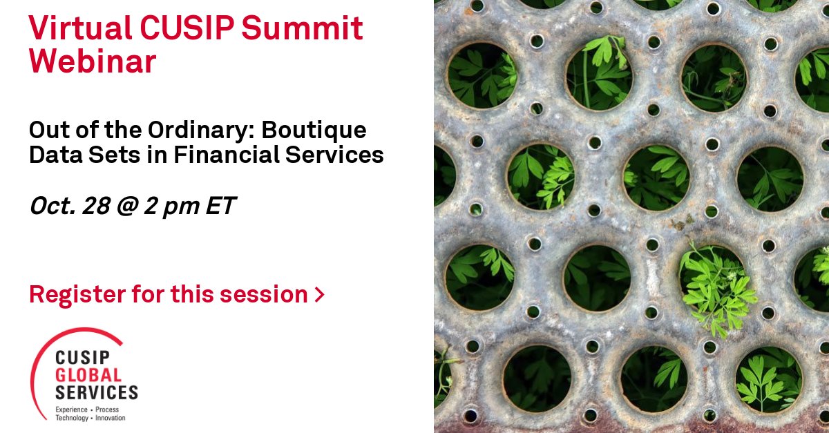 From real estate to private markets to digital assets, there are outside-the-box opportunities for data providers to bring clarity and context to the capital markets. Sign up for @CUSIP_CGS' webinar to learn about innovative offerings from these spaces. ow.ly/97tg50GqmSV