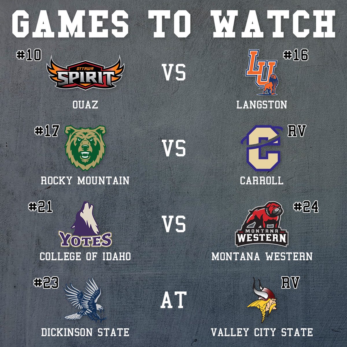 NAIAFBALL's tweet photo. Saturday is moving day in a lot of conferences! The playoff push is ON! https://t.co/S75BhxLyaT
