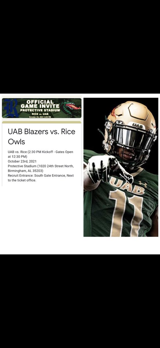 Glanton05's tweet photo. Excited to be invited to UAB Blazers vs Rice Owls game @UAB_Athletics @UAB_FB https://t.co/mYziJ138ZV