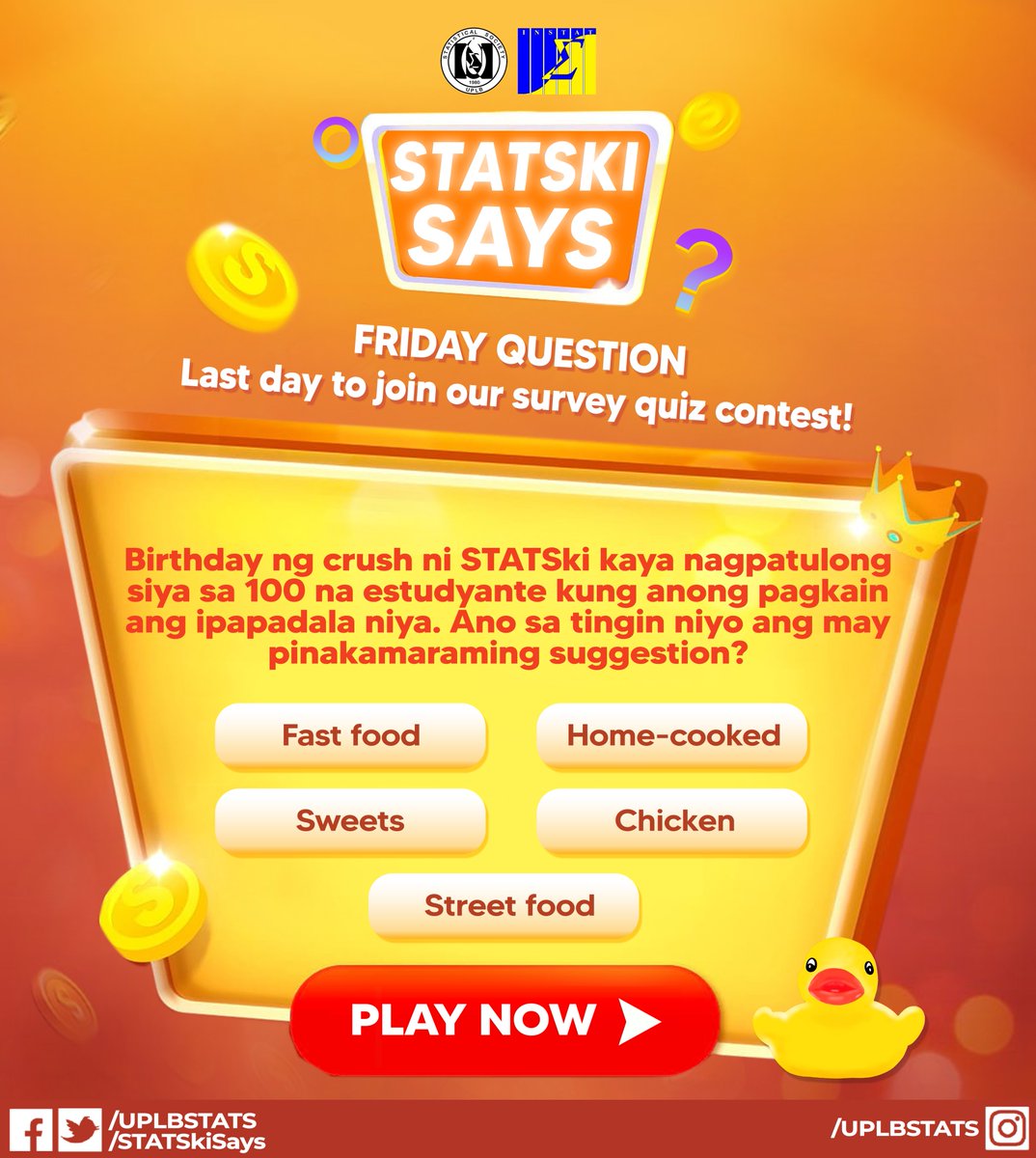 statskisays's tweet photo. Last day ng ng pagive-away si STATSki. Gusto mo bang manalo ng Php 1,200 worth of game credits, Shopee credits, o one album of your choice? Just answer this question right!

Nagtanong si Statski  sa 100 na estudyante kung anong pagkain ang ipapadala niya sa kanyang crush. 
(1/4) https://t.co/kK6xB9bFLg