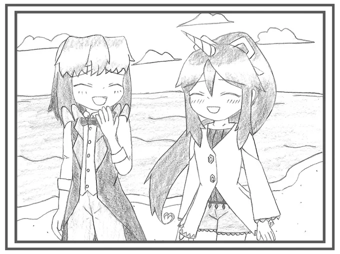 #華胥幻獣奇譚
「凪沙と白雪 蛍火の海岸にて」

美由がこっそり撮って、白雪に渡した写真。
フレームに入れて、宝物にしているそうです🐴🦄

#華胥の京より愛を込めて 
#絵描きゅーばん 