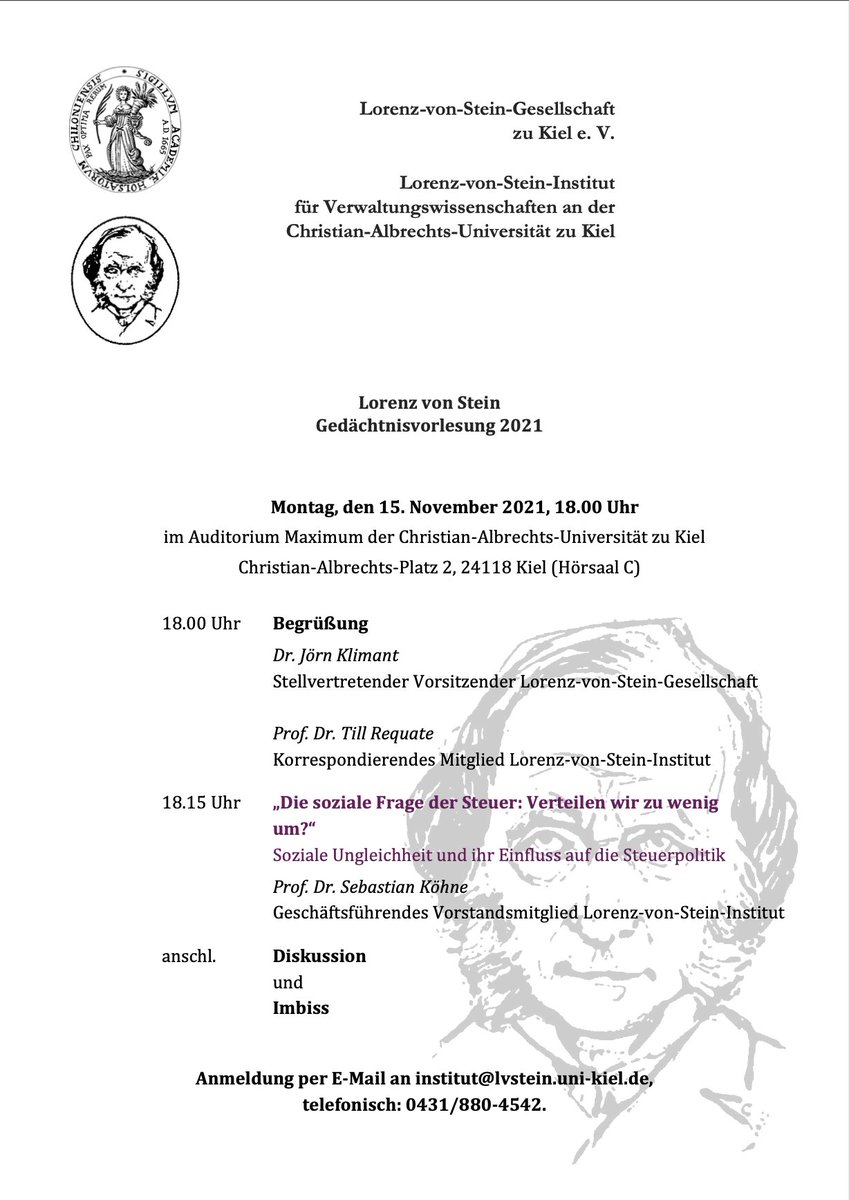 In diesem Jahr trägt die Gedächtnisvorlesung den Titel „Die soziale Frage der Steuer: Verteilen wir zu wenig um?“ und wird von Professor Sebastian Köhne, dem geschäftsführenden Vorstandsmitglied des Lorenz-von-Stein-Instituts, gehalten. Wir freuen uns über Ihre Teilnahme.