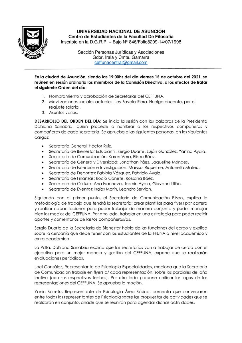 ceffuna's tweet photo. Compartimos el acta de la primera sesión de la comisión directiva 2021-2022, realizada el viernes 15 de octubre del 2021 📄 #CEFFUNAPresente https://t.co/n9fiiy9hBn