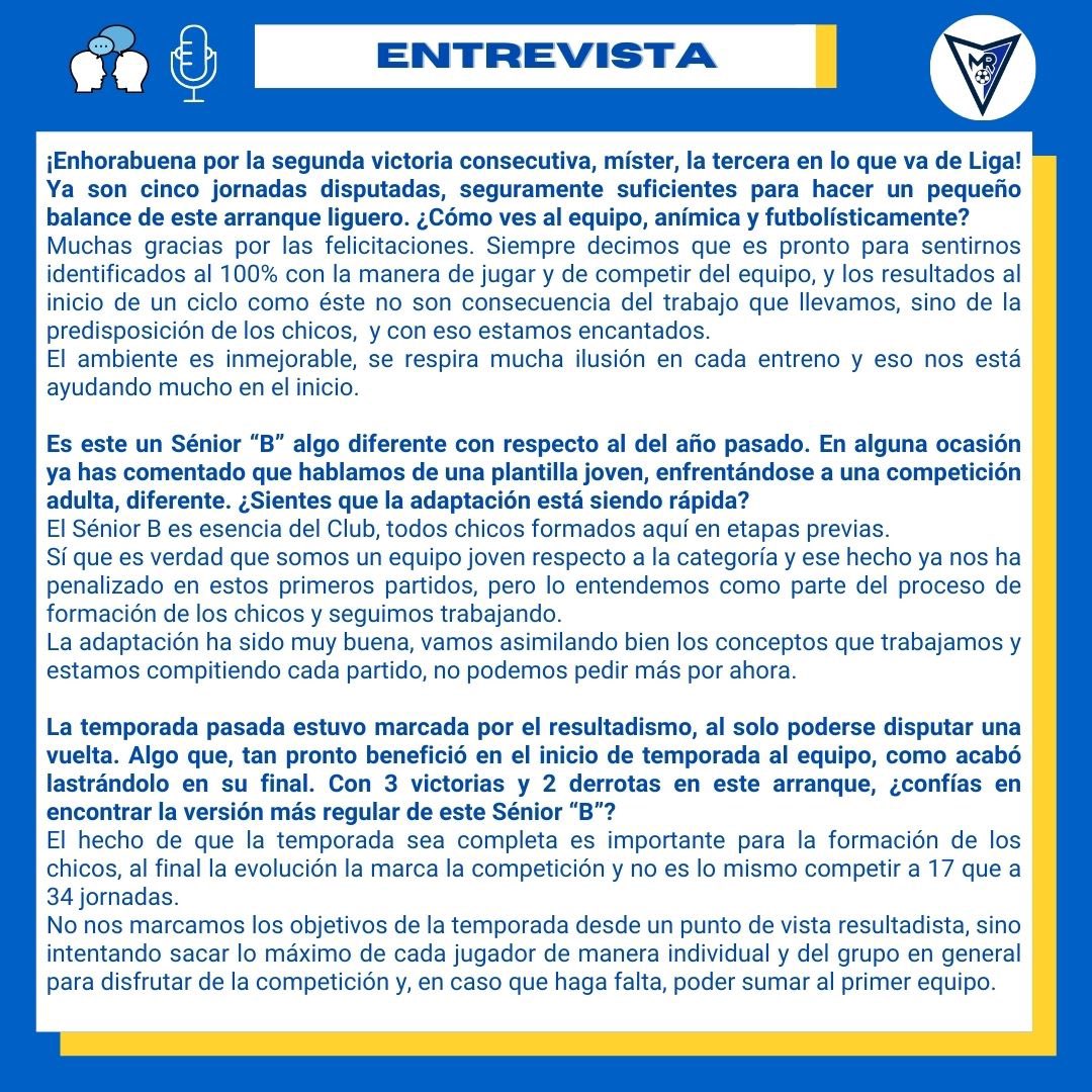 🗣🎙ENTREVISTA <a href="/RoberJ8/">Roberto Jimenez</a>

El Sénior “B” viene de enlazar dos triunfos consecutivas. Algo indicativo del buen momento, futbolístico y anímico, que vive el equipo.

Hablamos con su técnico acerca de las sensaciones tras la disputa de las cinco primeras jornadas.

¡Seguimos! 👏🏻🚀