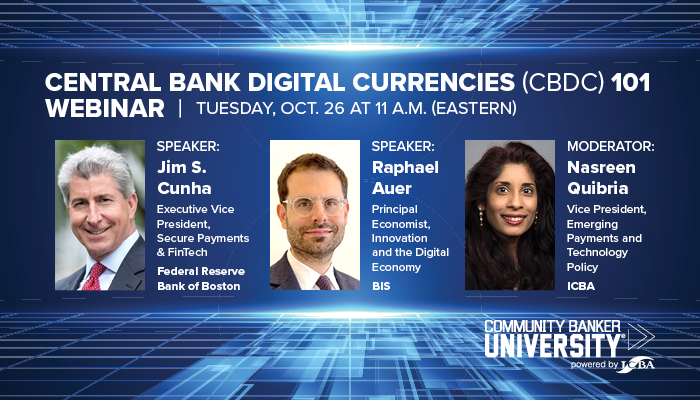 ICBA brings a panel of industry experts from the Federal Reserve (<a href="/BostonFed/">Boston Fed</a>) &amp; the Bank for International Settlements (<a href="/RaphAuer/">Raphael Auer</a>) to define #CBDC and provide answers. This live session moderated by <a href="/nquibria/">Nasreen Quibria</a> is free &amp; exclusive to ICBA members. icba.org/events/calenda…