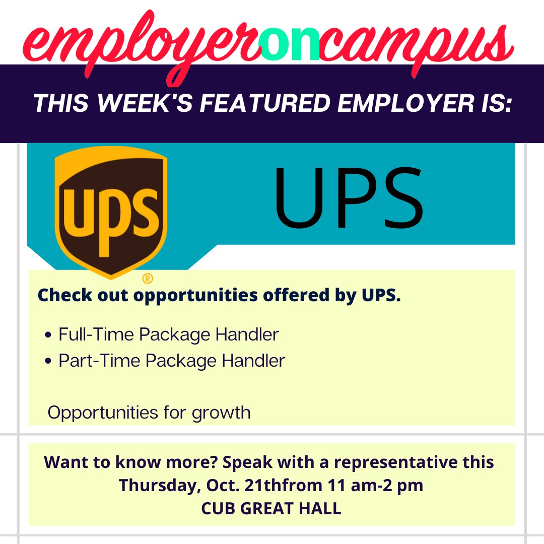 Employer on campus alert! 🚨
Today from 11 am to 2:00 pm in the CUB Great Hall
UPS will host an information table about their current full-time and part-time opportunities.