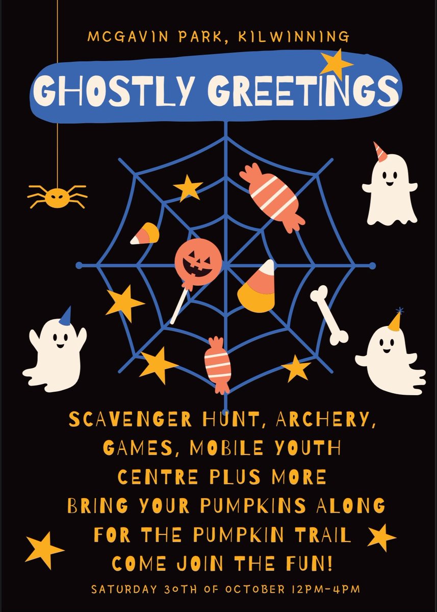 NAYouthServices's tweet photo. Get yourself along to Mcgavin Park, Kilwinning to enjoy the Halloween fun... Don't forget to bring your pumpkins along for the pumpkin trail🎃 Happy Haunting! https://t.co/bAb8odeKNN