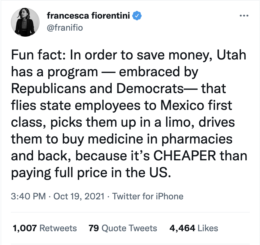 AlecStapp's tweet photo. Stunned that this viral tweet about Utah flying state employees to Mexico to buy cheaper prescription drugs turns out to be true.

Our health care system is so broken. https://t.co/5oVI89PNy8