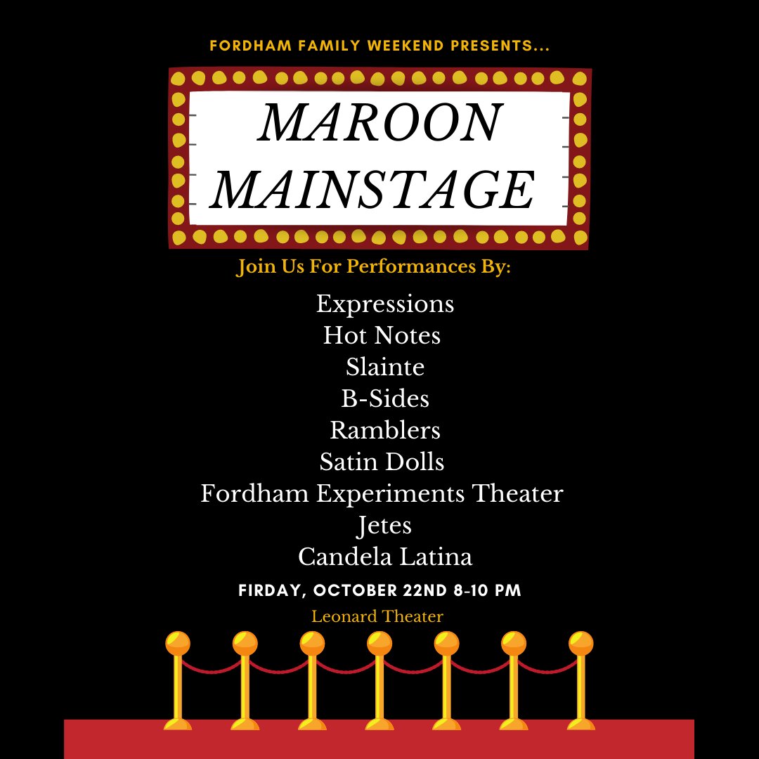 FordhamCAB's tweet photo. Join us this Friday, October 22nd 8-10 pm in the Leonard Theatre for Maroon Mainstage. Listed here are the performers of Friday's event! 🎤🤩 https://t.co/3xWIgZ3VnU