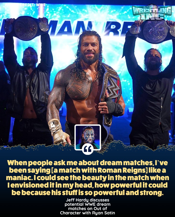 Jeff Hardy has discussed the possibility of a dream match against Universal Champion Roman Reigns on SmackDown.

Full story: https://t.co/0HgLlD7g10

#WWE #SmackDown #WWECrownJewel https://t.co/4HMyvQ54i9