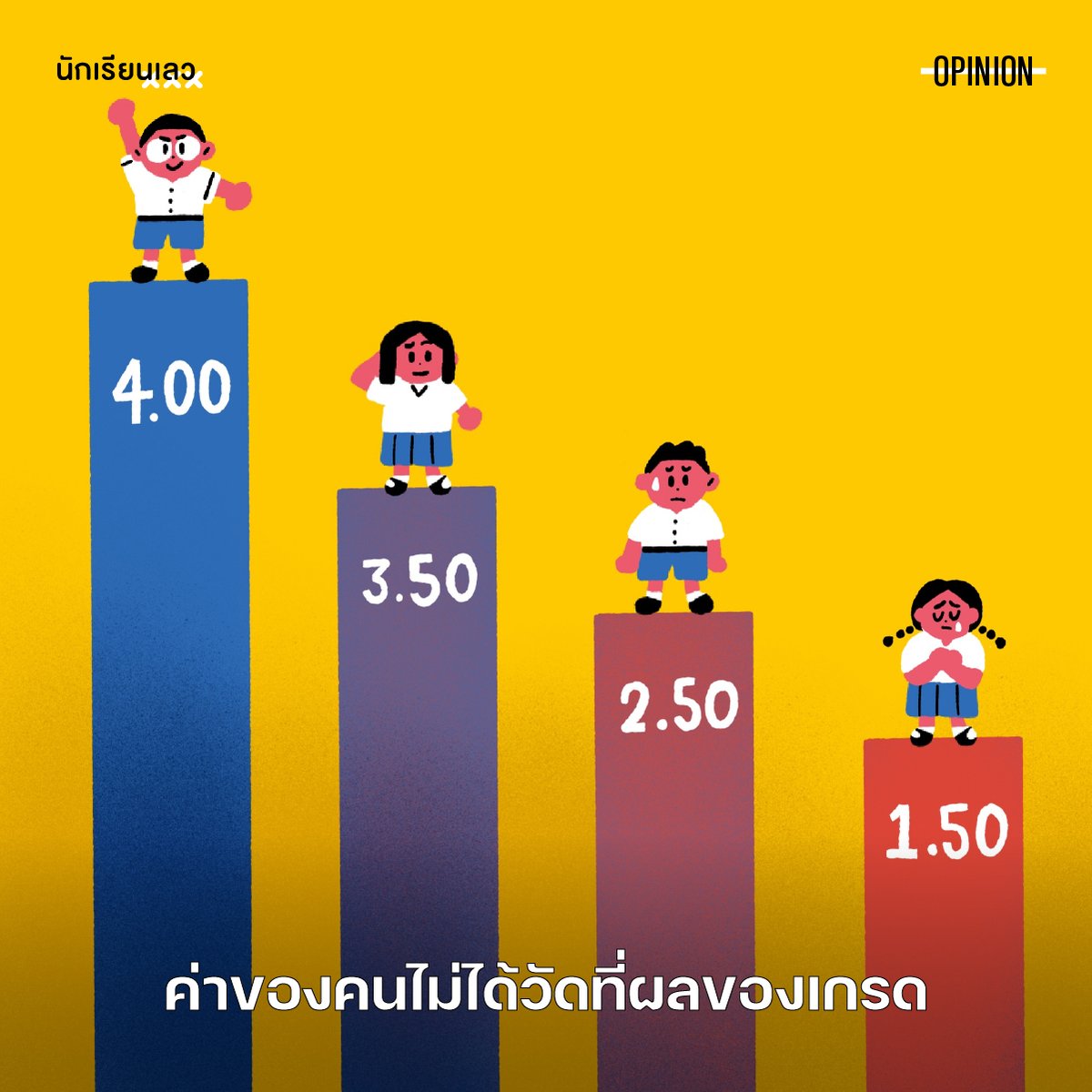 หลังจากการสอบผ่านไปไม่นานนักก็จะมีการประกาศเกรดเฉลี่ยที่ทำให้เด็กหรือผู้ปกครองหลายคนกลุ้มใจเหลือเกินว่าผลจะออกมาเป็นอย่างไร ปฏิเสธไม่ได้ว่าระบบการศึกษาไทยนั้นปลูกฝังให้เกรดเป็นตัวชี้ชะตากรรมของมนุษย์ แต่คุณค่าของคนวัดกันที่ผลของเกรดจริงหรือ?

(อ่านต่อในเธรด)
——
#นักเรียนเลว