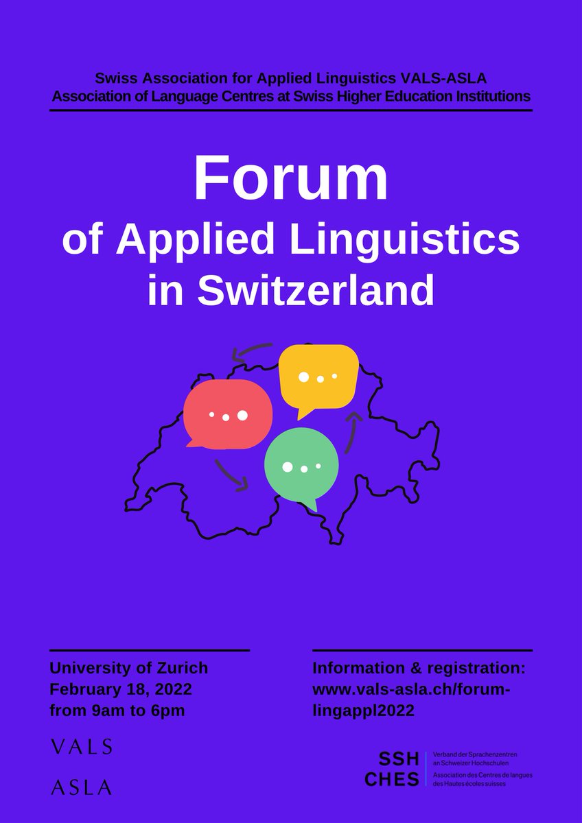 valsasla's tweet photo. 🚨📡The call for papers for the “Forum of Applied Linguistics in Switzerland”, organized by the VALS-ASLA in collaboration with the SSH-CHES, is out now!

University of Zurich, February 18 2022.

For more info: https://t.co/CLk8cIgOyy https://t.co/V9Lnspy2l7