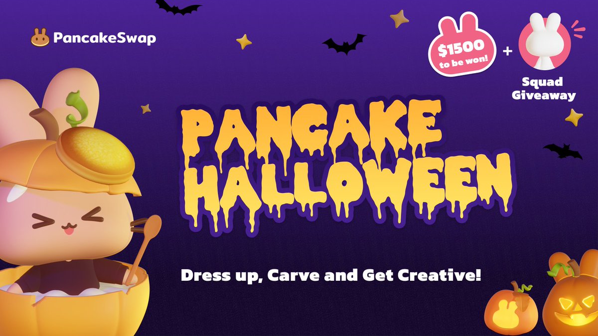 1/3 
Celebrate #PancakeHalloween with #PancakeSwap! 

3 ways to WIN!
👯‍♀️Dress up in a PancakeSwap costume
🎃Carve a PancakeSwap pumpkin
🧑‍🍳Cook a PancakeSwap style pancake

For EACH category:
🥇1 Winner: 1 #PancakeSquad NFT + $100 in CAKE
🎖4 Others: $100 in CAKE

How to join 👇