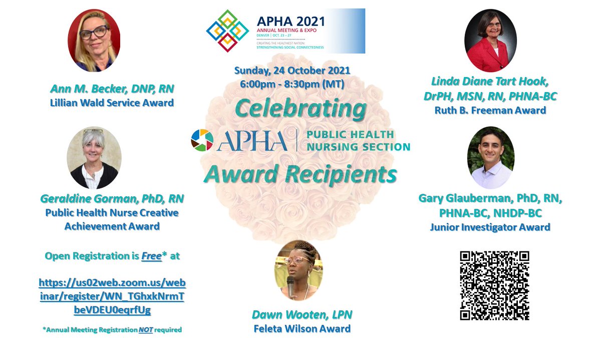 APHAPHN's tweet photo. This Sunday- please join 
@APHAPHN
 in congratulating this year's PHN award recipients!!! The virtual award ceremony is FREE on October 24th from 6-8:30MT! Register here- https://t.co/sMzKyHW0Nk #NurseTwitter #APHA2021 https://t.co/zLAuPkM2uC
