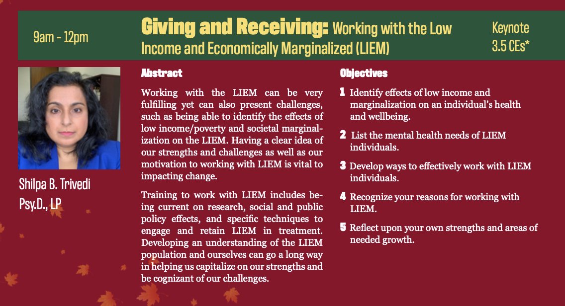 #arpa2021fallconference Keynote speaker Shilpa B. Trivedi, PsyD LP is speaking NOW about working with the Low Income and Economically Marginalized (LIEM) community