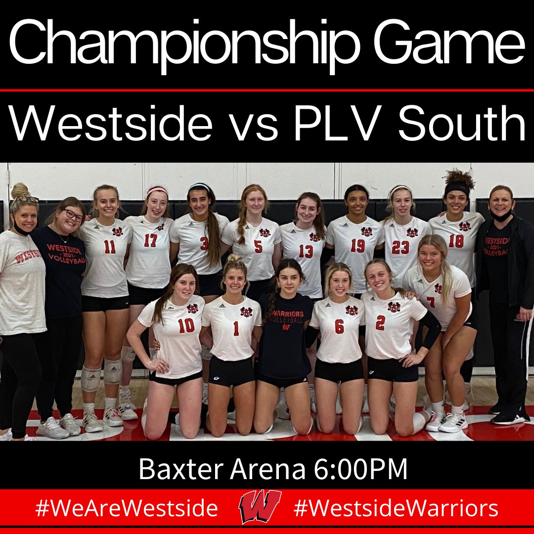 Warrior Women in the Finals!
@WestsideVball takes on Papillion-LaVista South in the Championship Game of the Metro Conference Tournament!
Baxter Arena
6:00PM 
Theme: Red Out!
Come support the hottest team in the Metro! 

#WeAreWestside #WestsideWarriors