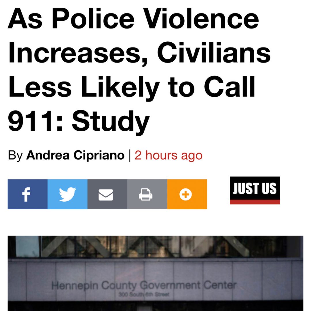 TheJustUsApp's tweet photo. Are you less likely to call the police? Examining detailed data from 8 major American cities, a new research study from the Harvard Kennedy School of Government found that police violence reduces civilian trust &amp; engagement with police.

Learn More: https://t.co/E0caKT7u6Z https://t.co/uIuaYDRj1b