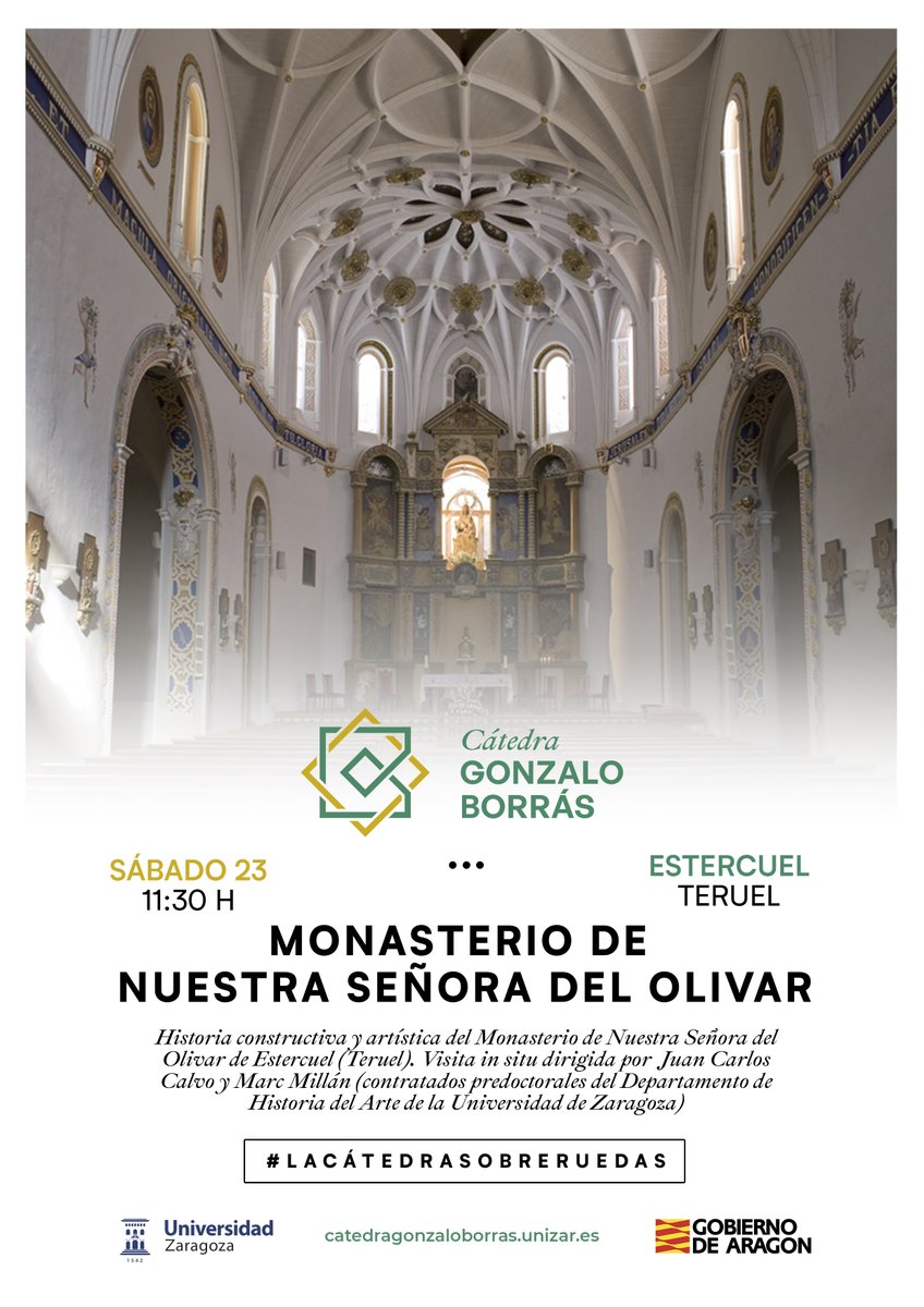 📌 Llegamos al cenit en nuestro recorrido. Os recordamos que #LaCátedraSobreRuedas llega este sábado 23 al Monasterio de Nuestra Señora del Olivar en #Estercuel (#Teruel). Os animamos a uniros a la visita in situ dirigida por expertos de la <a href="/unizar/">Universidad Zaragoza</a> y disfrutar con cada detalle.