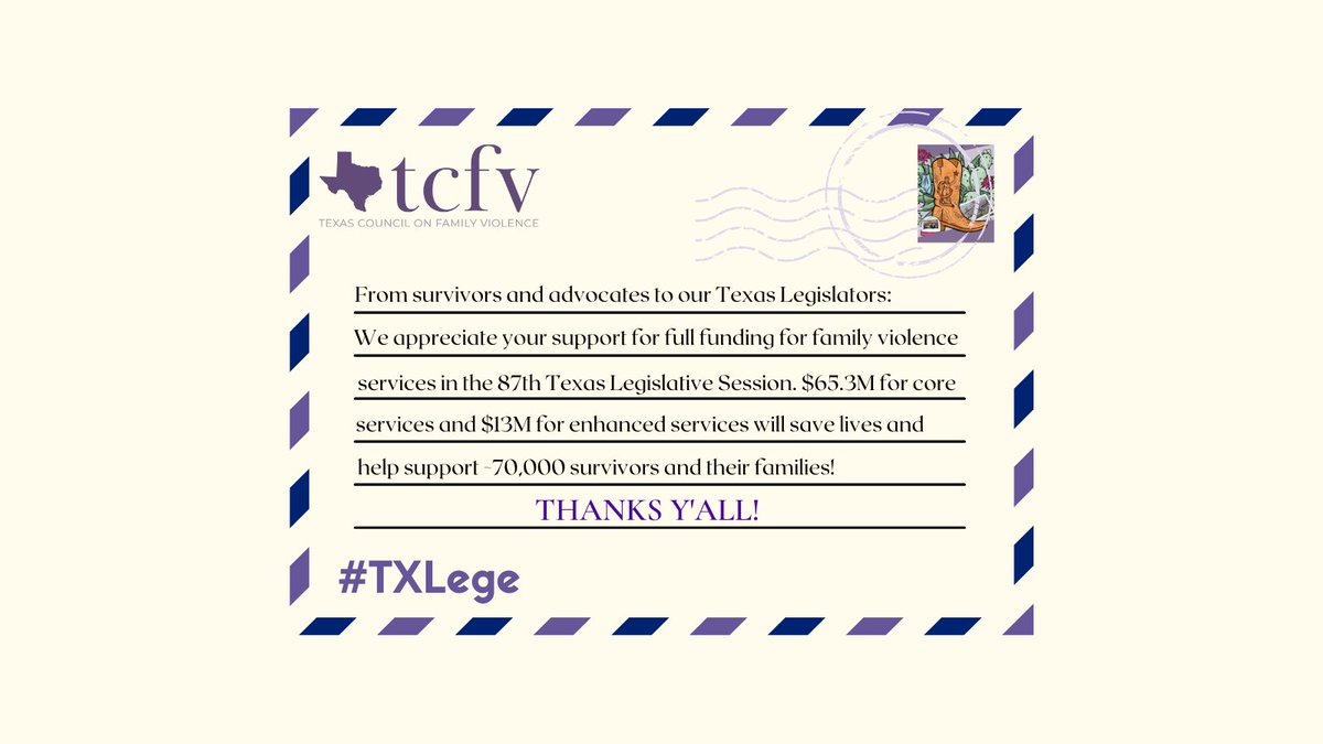 Thanks #TXLege for supporting full funding for family violence services-- You are helping to create safety for survivors across the state!    
#DVAM
#PurpleThursday 
 #Every1KnowsSome1