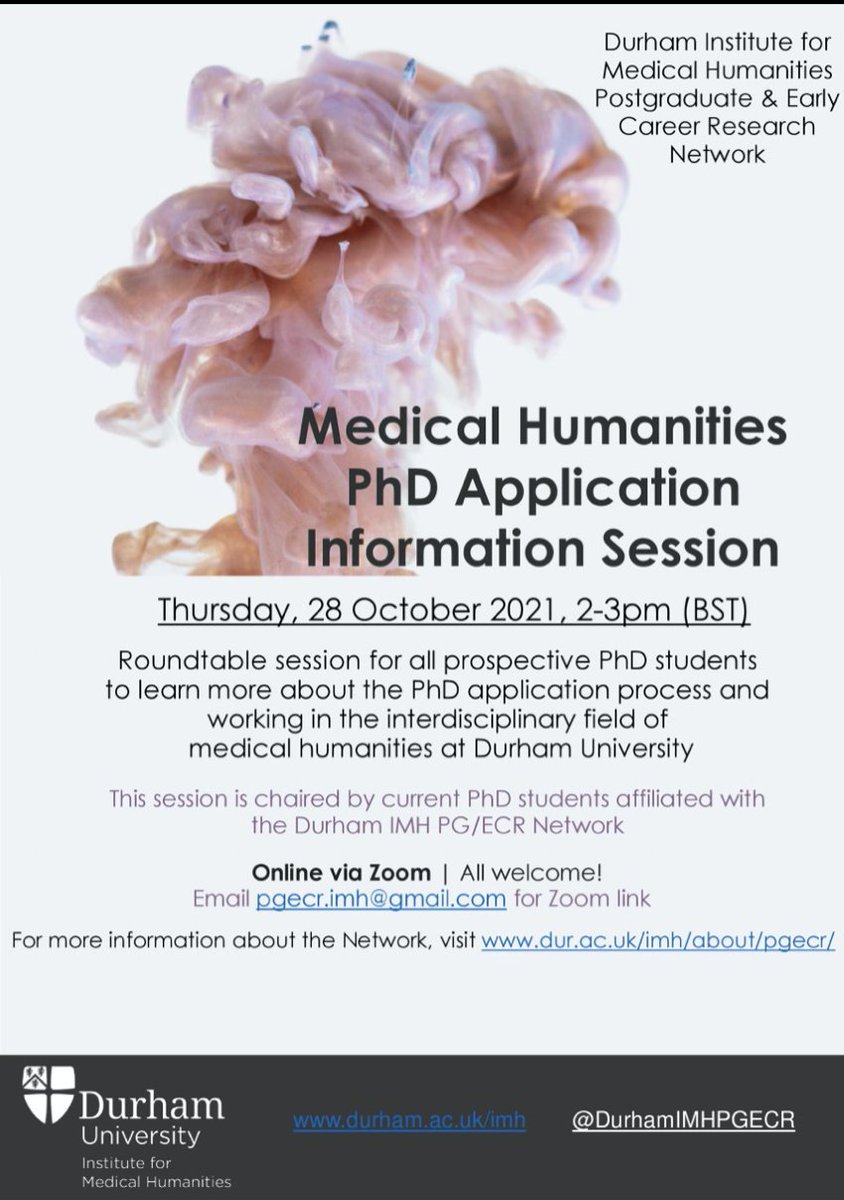 Join us online next Thursday 28th October, 2-3pm, for our PhD Application Information session.

This will be a roundtable session for all prospective medical humanities PhD students, at Durham University and beyond. 

Email us on pgecr.imh@gmail.com for the Zoom link!