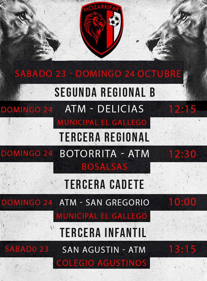 Seguimos con las competiciones, este finde semana el infantil juega fuera de casa, mientras que el domingo tendremos mañana de fútbol en el gallego, donde a las 10:00 jugará el cadete y a las 12:15 el regional A, por otro lado el 3 regional juega en botorrita. 

 #ATMO2020