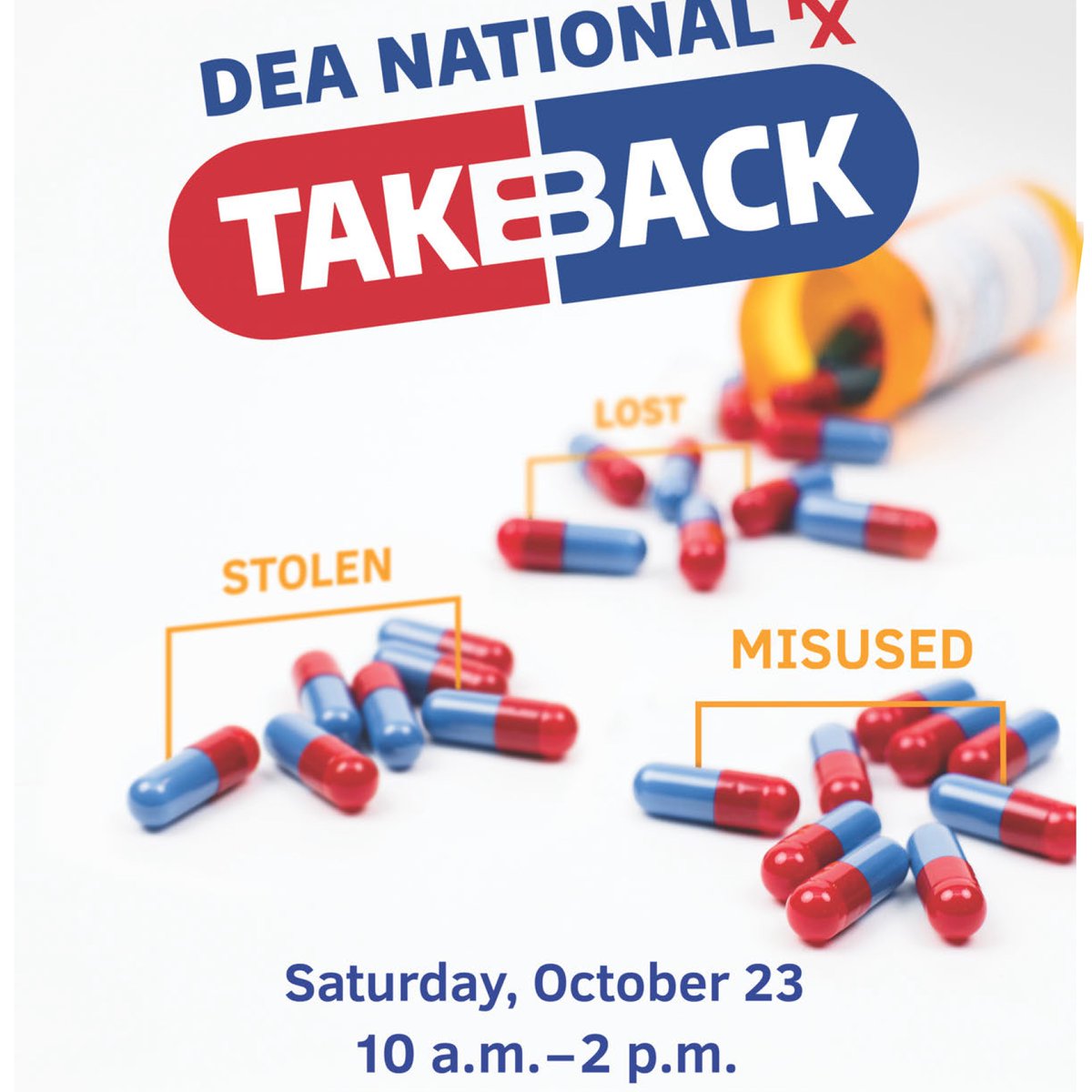 Reminder: You can drop-off your unused and expired prescription medication at the Sheriff's Office Take-Back site this Saturday from 10 a.m. to 2 p.m. at Stafford Hospital Center. Medication collected will be safely disposed of.