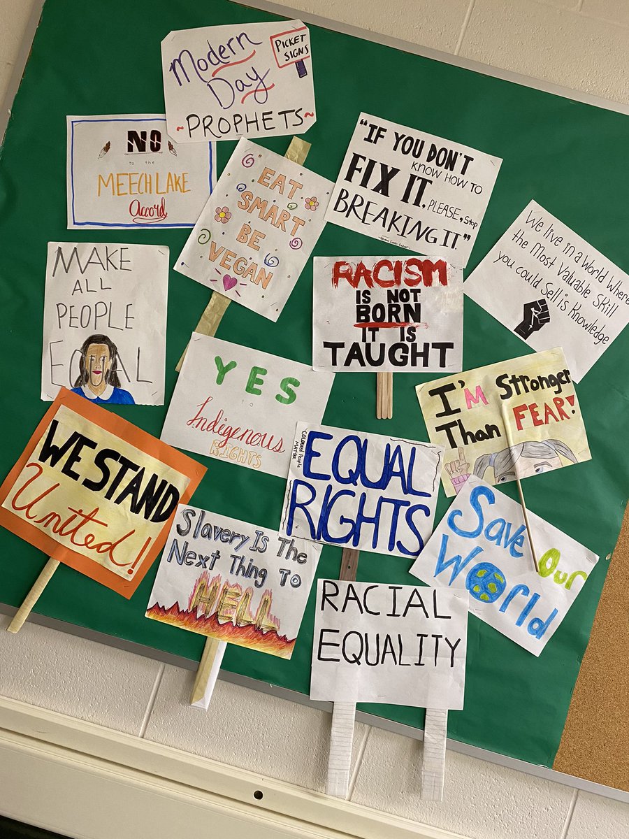 After researching prophets in scripture, Ss found and presented on a modern day prophet - someone who identifies injustices in the world and works to change them. These picket signs exemplify their messages #catholiceducation @MTSspartans <a href="/LDCSB/">London District Catholic School Board</a>