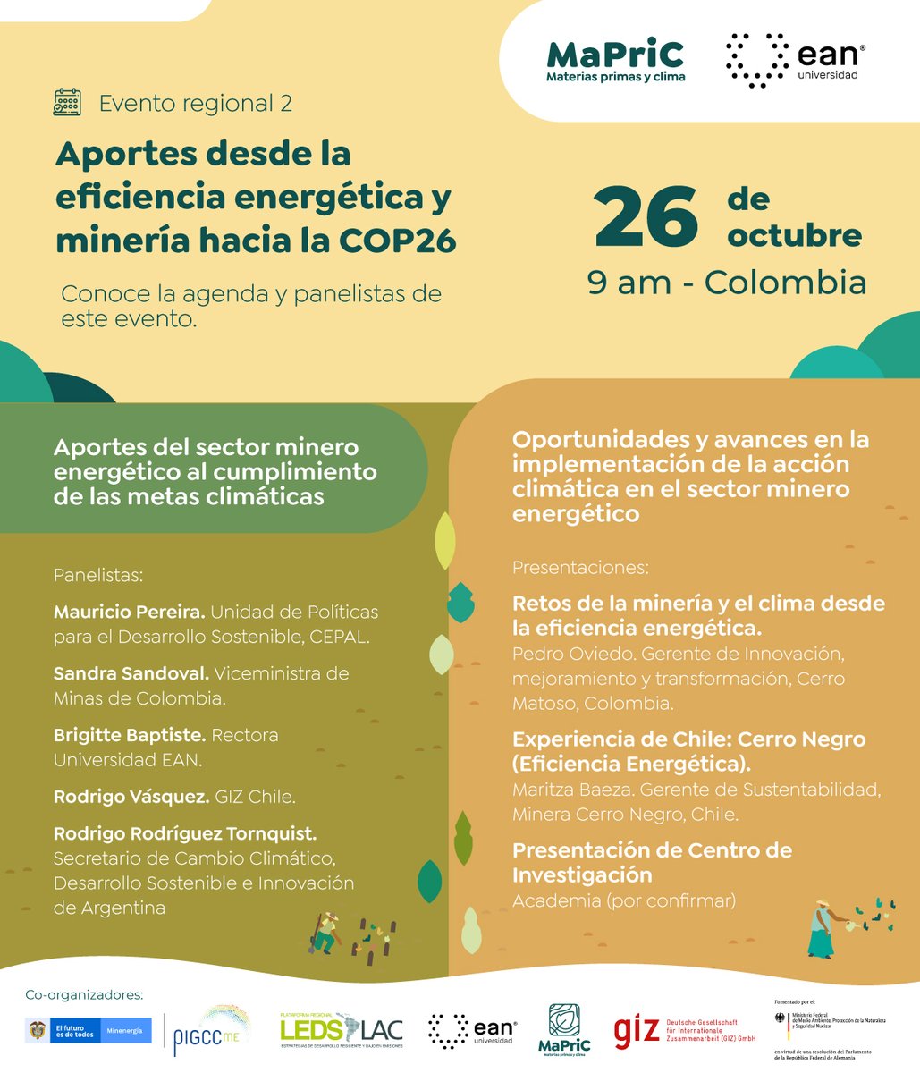 LedsLac's tweet photo. 💻 #EventoVirtual MaPriC | Conoce el rol de la acción climática en la minería con miras al cumplimiento de los compromisos internacionales de los países.

🗓26 de octubre, de 9 a 11 am (Colombia)
Separa tu espacio aquí 👉 https://t.co/DZrCIUlNKZ
#MineriaClimaticamenteInteligente https://t.co/LWeRgYhMCq