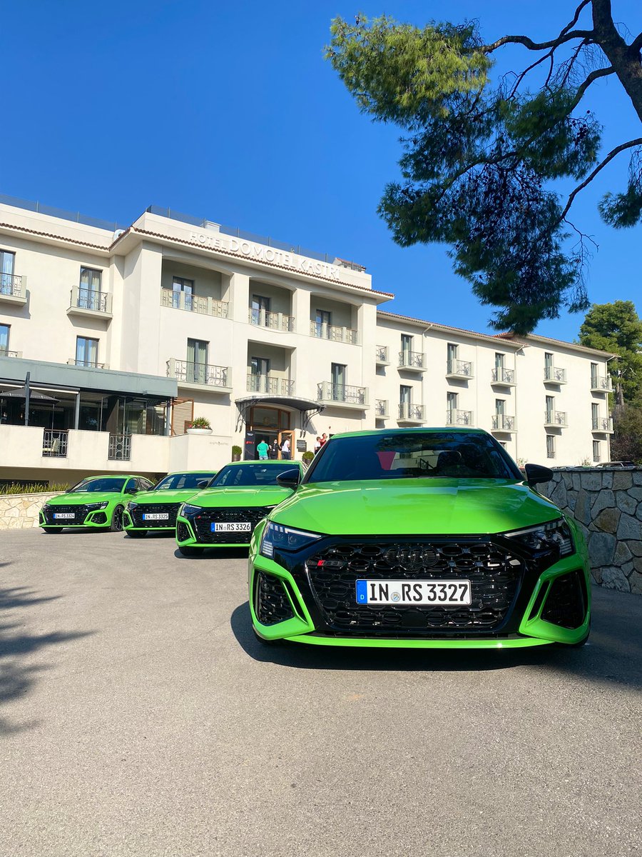 AudiUKPress's tweet photo. UK media are getting behind the wheel of the new RS 3 for the first time in Athens. Embargo on driving impressions lifts on 26 Oct. Stay tuned… 🟢🔴 https://t.co/Y4LW6qQOgd