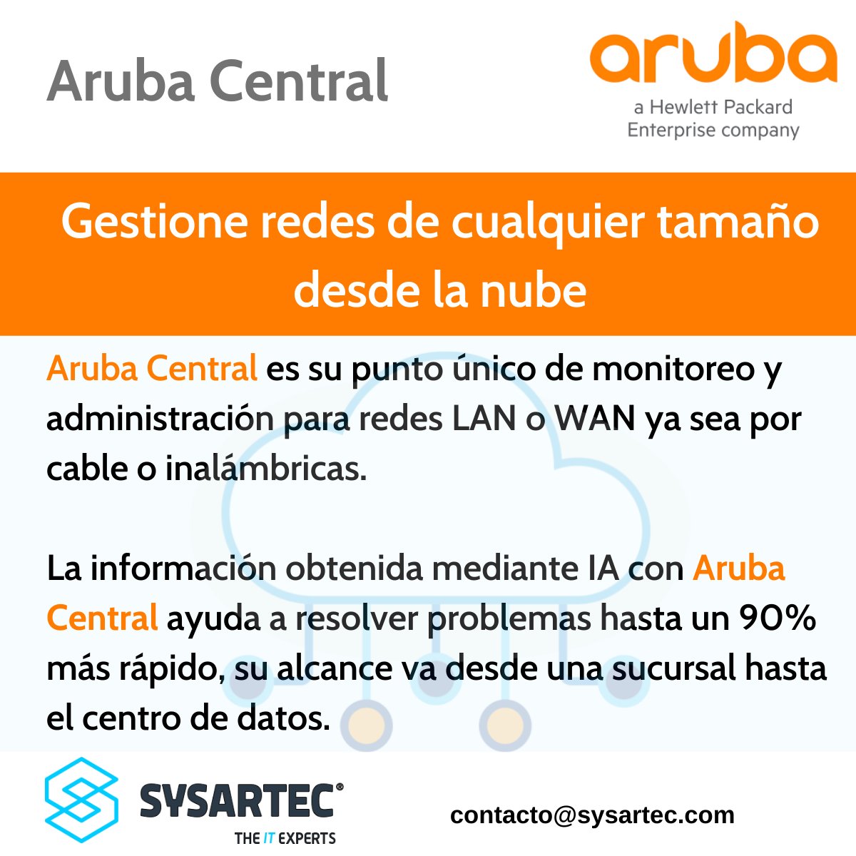 SYSARTEC's tweet photo. Aruba Central está diseñada para simplificar la administración y la optimización de tu negocio, ofrece funcionamiento, seguridad y protección desde la nube con una interfaz fácil de utilizar. Si quieres mayor información escríbenos a contacto@sysartec.com https://t.co/XTXkuHEvOe