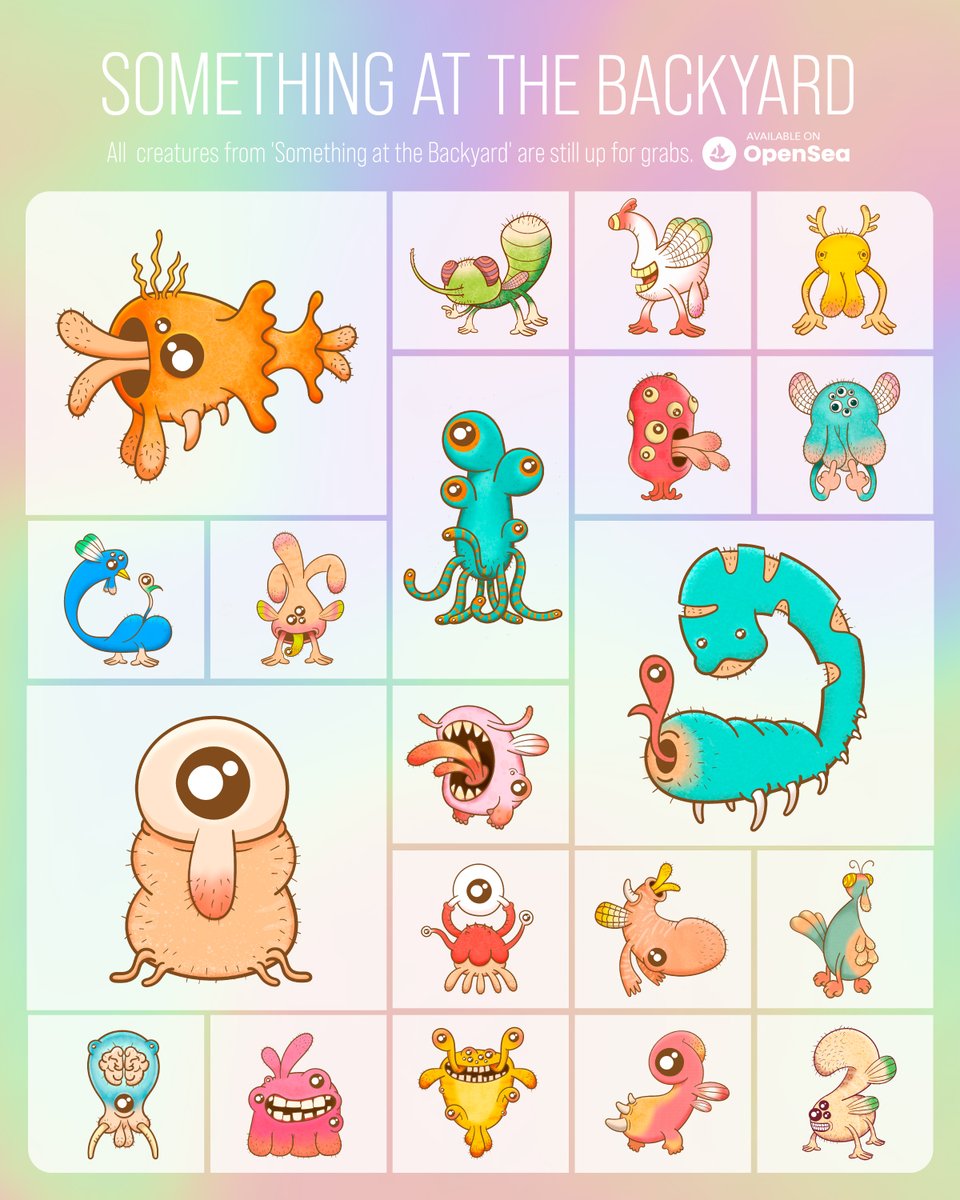 Something at the Backyard Collection
available on opensea.io/collection/at-…

The first 20 creatures can be bred indefinitely to increase their numbers. Every pair of characters you own can be bred to create new offspring. 🪱🦠

#nftcollectors #NFTCommunity #NFTJapan #NFTTHAILAND