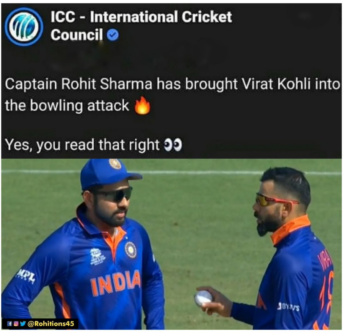 rohitions45's tweet photo. That Caption From @ICC 😛😂

#RohitSharma #T20WorldCup #ViratKohli https://t.co/K4XFdwrj6G