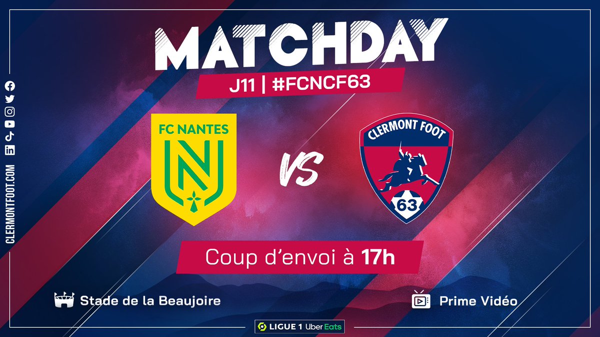 ClermontFoot's tweet photo. #MATCHDAY 👊🔴🔵
@Ligue1UberEats | J11 🆚 @FCNantes 

📲 #FCNCF63
🕧 Coup d'envoi à 17h
📺 En direct sur @PVSportFR https://t.co/ra0glWf8fh