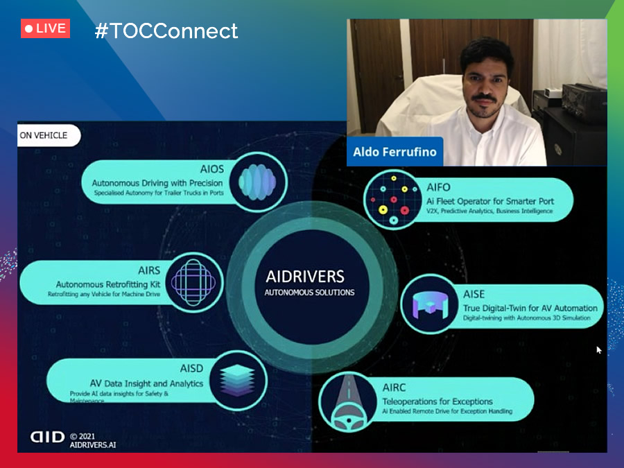 mundomaritimo's tweet photo. Aldo Ferrufino de AI Drivers presenta sus soluciones de movilidad autónoma para aplicaciones en la industria durante la sesión "Transforming Port Operations" en #TOCConnect #Americas @TOCWorldwide #MundoMaritimo @aidriversltd #Autonomousmobility https://t.co/hGyQov5wjt